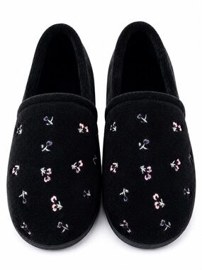 🆕 Isotoner Slippers Contour Step Floral Embroidered Top Microterry Black 7.5-8